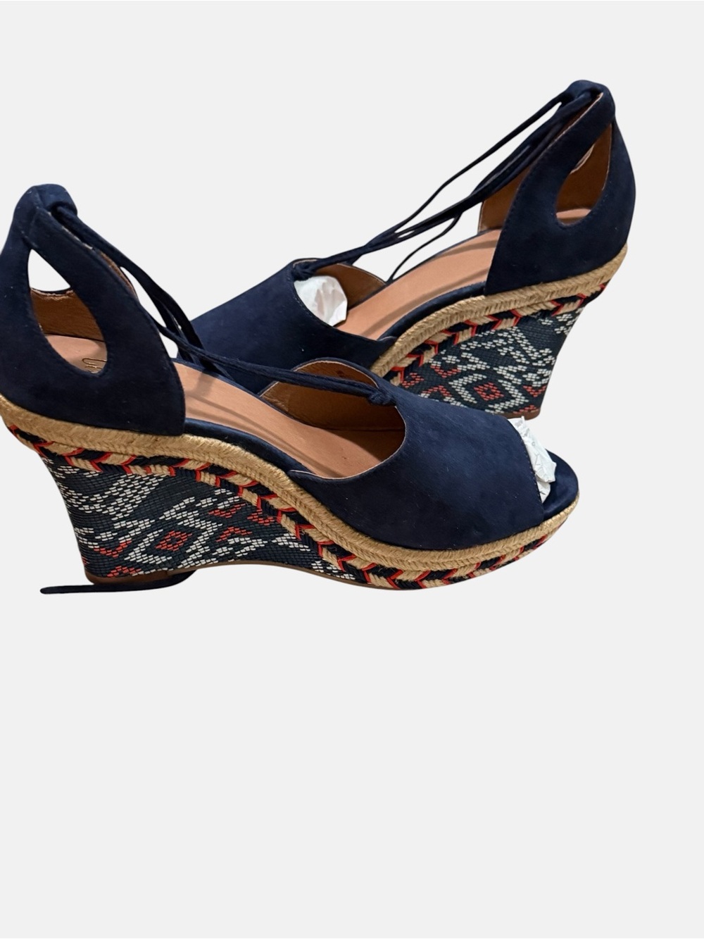 Cabi Isla Navy Suede Espadrille Wedge Sandals - Geometric Boho Ankle Tie Size 7 - Picture 9 of 14
